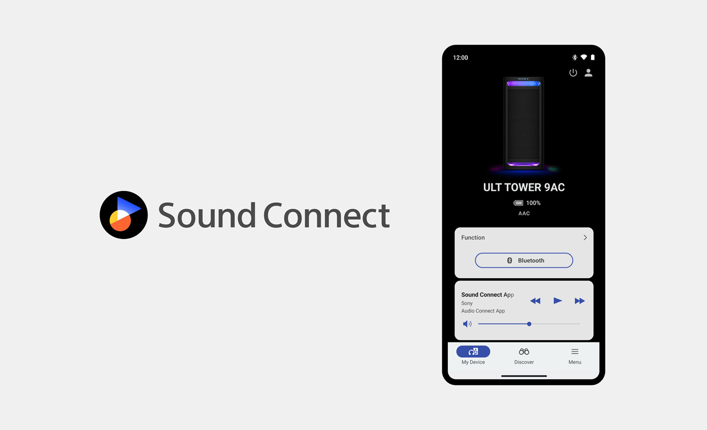 The sound connect logo next to an image of a mobile phone with the Sony Connect App open and in use visible on screen