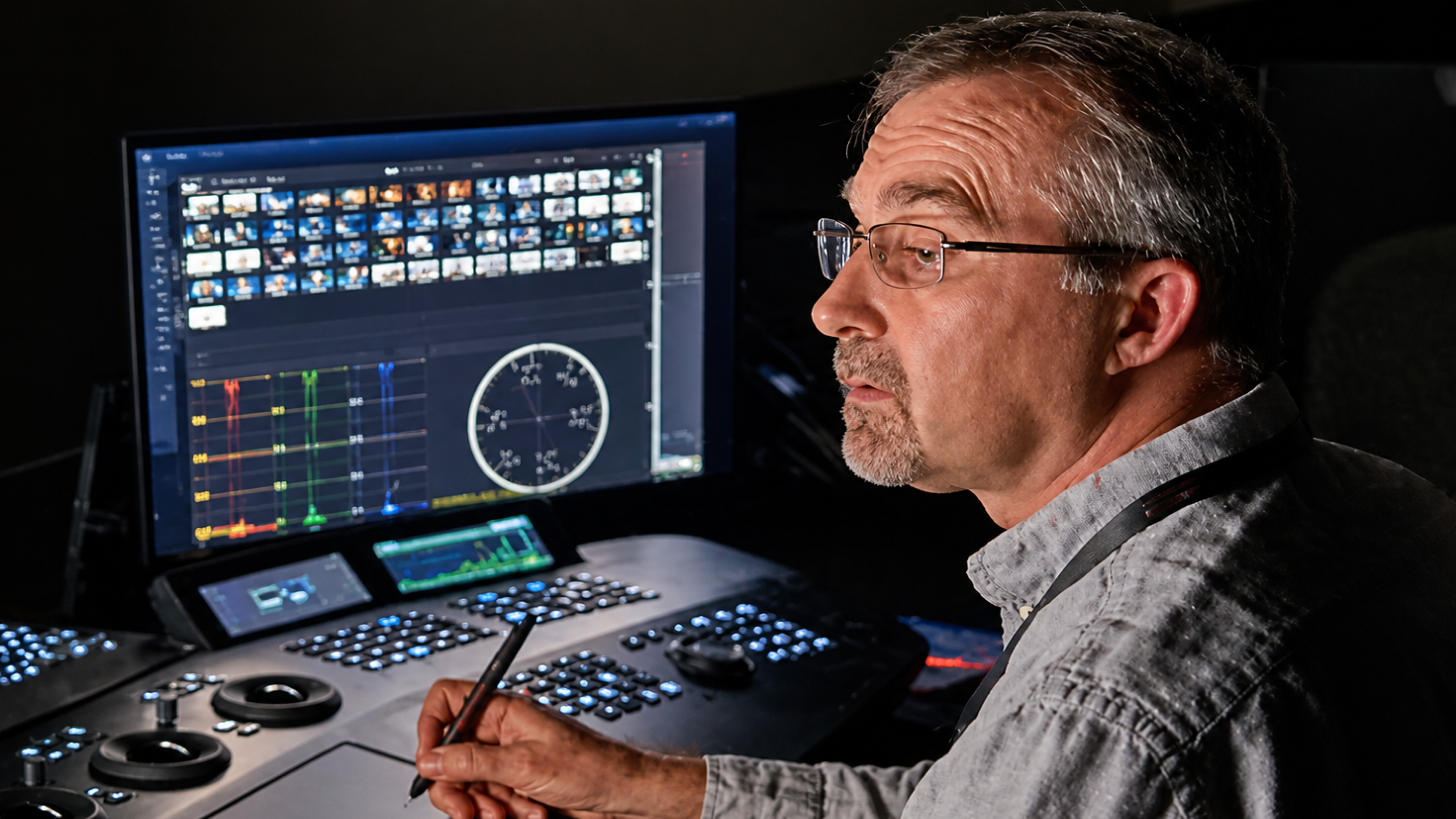Man using professional colour grading equipment and monitoring software in a dark editing studio.
